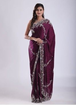 Traditional Heavy Embroidered Wine Saree