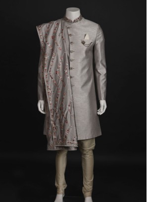 Traditional Wear Art Silk Sherwani In Grey Color