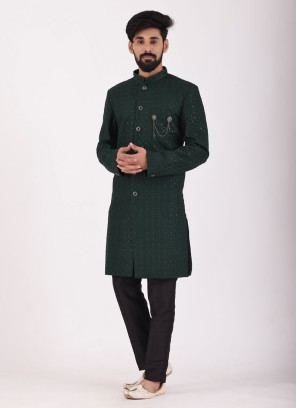 Traditional Wear Green And Black Indowestern Set