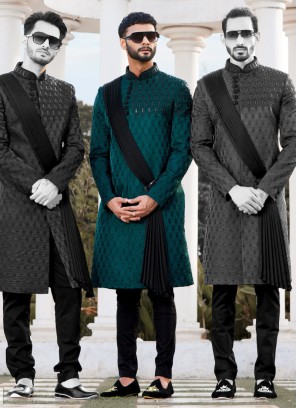Traditional Wear Rama Blue And Black Indowestern