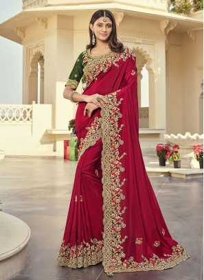 Trendy Maroon Embroidered Fancy Fabric Contemporary Saree