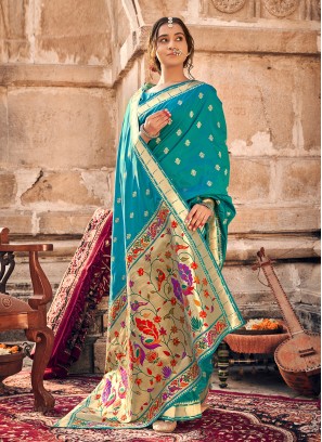 Turquoise Banarasi Silk Wedding Classic Designer Saree