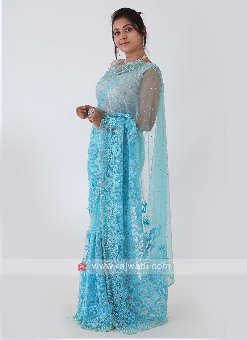 Turquoise Blue Net Saree