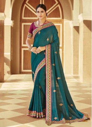 Turquoise Silk Embroidered Contemporary Saree