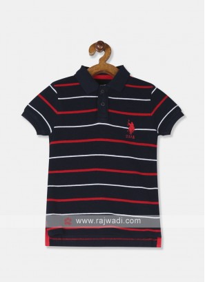 U.S. Polo Boys Navy Blue Striped Polo T-shirt.