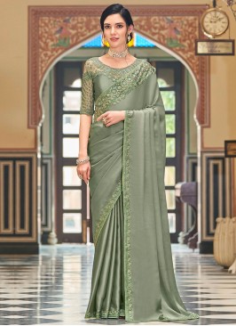 Designer Embroidered Pista Green Silk Saree