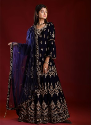 Velvet Embroidered Gown In Navy Blue Color