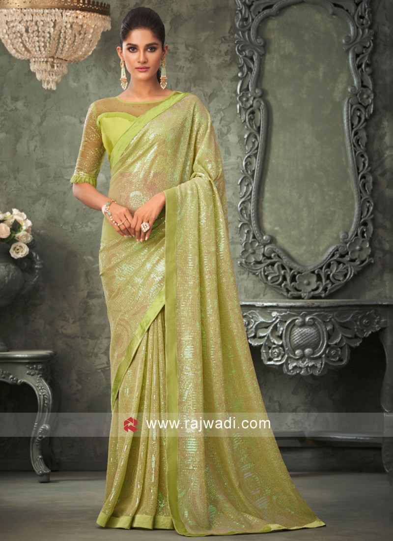 Vibrant Green Sequins Classic Saree