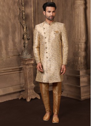Wedding Wear Golden Cream Indowestern Set