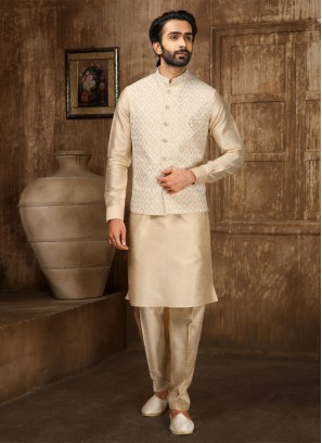 Wedding Wear Nehru Jacket Set In Golden Cream Color