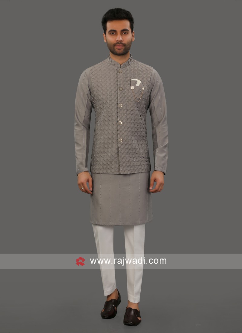 Wedding Wear Nehru Jacket Set In Grey Color
