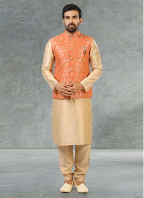 Wedding Wear Nehru Jacket Set In Orange Color