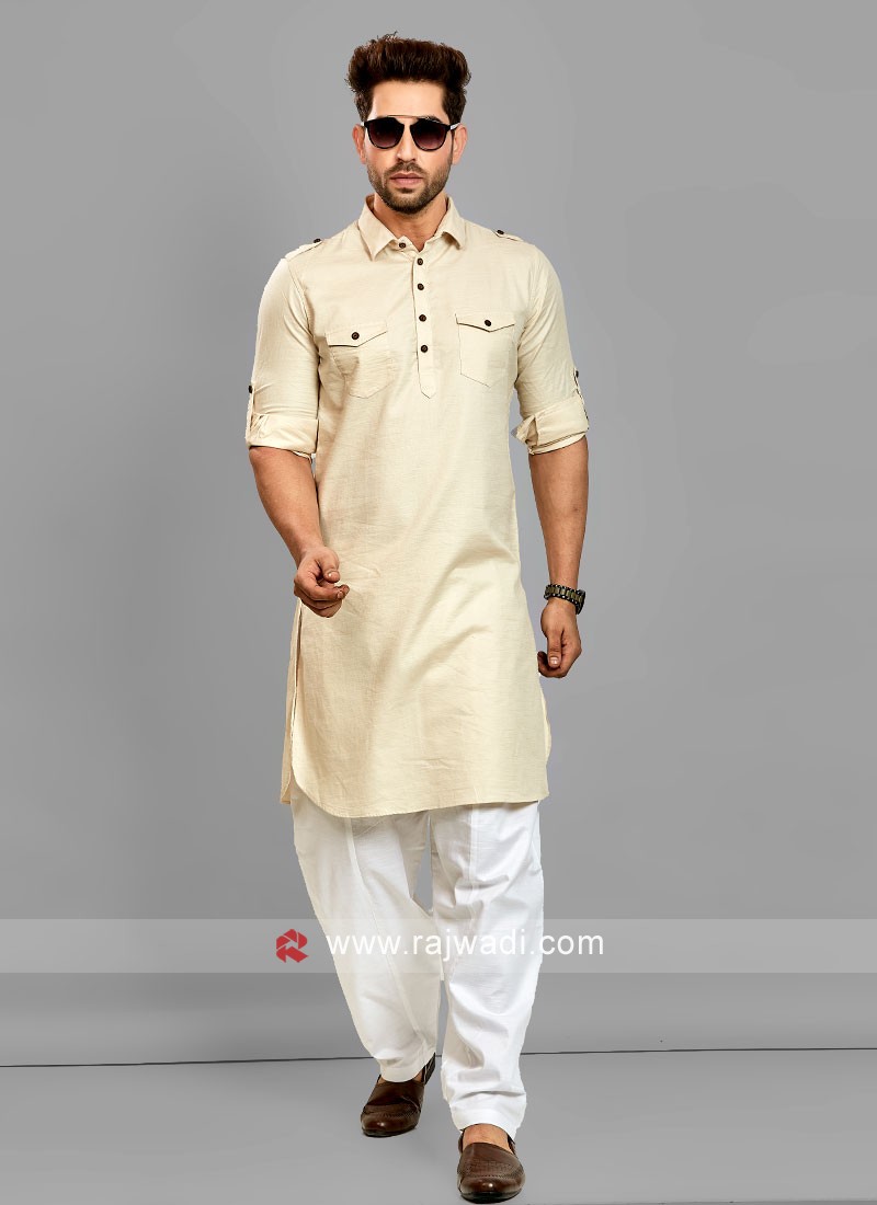 Wedding Wear Pathani Suit In Cream Color