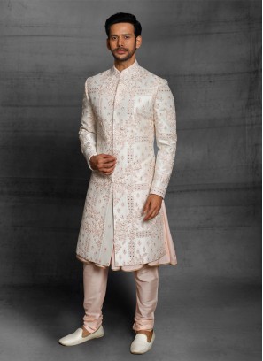 Wedding Wear Raw Silk Anarkali Style Sherwani
