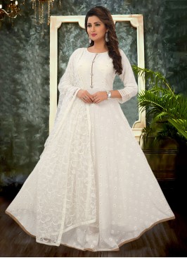 White Anarkali Suit with Embroidered Dupatta