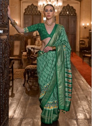 Green Patola Printed Silk Contemporary Style Saree