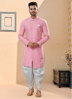 Woven Work Pink Color Indowestern Set