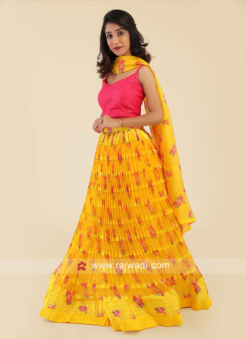 Yellow And Deep Pink Flower Printed Choli Suit
