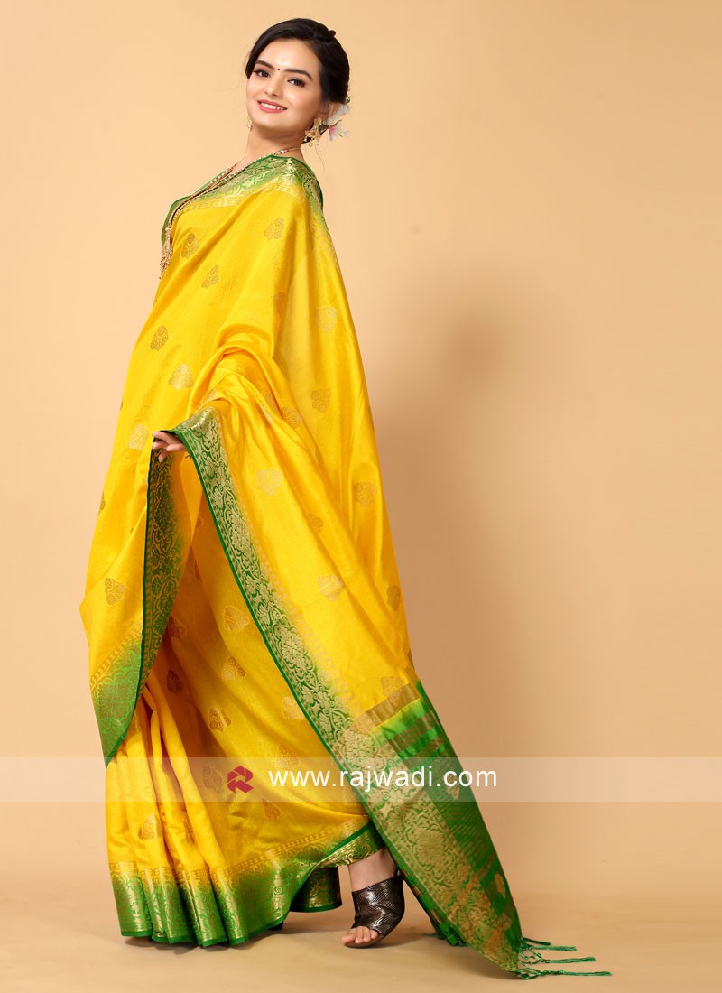Yellow And Green Banarasi Silk Saree