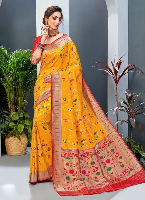 Yellow And Red Color Banarasi Silk Saree