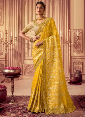 Golden Yellow Chinon & Georgette Designer Saree