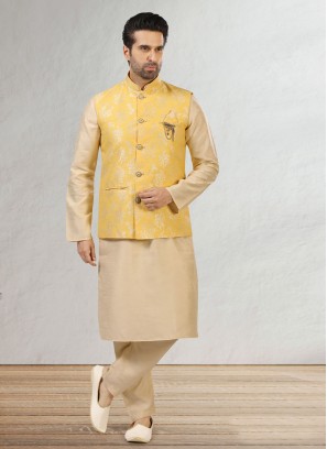 Yellow Color Brocade Print Nehru Jacket Set
