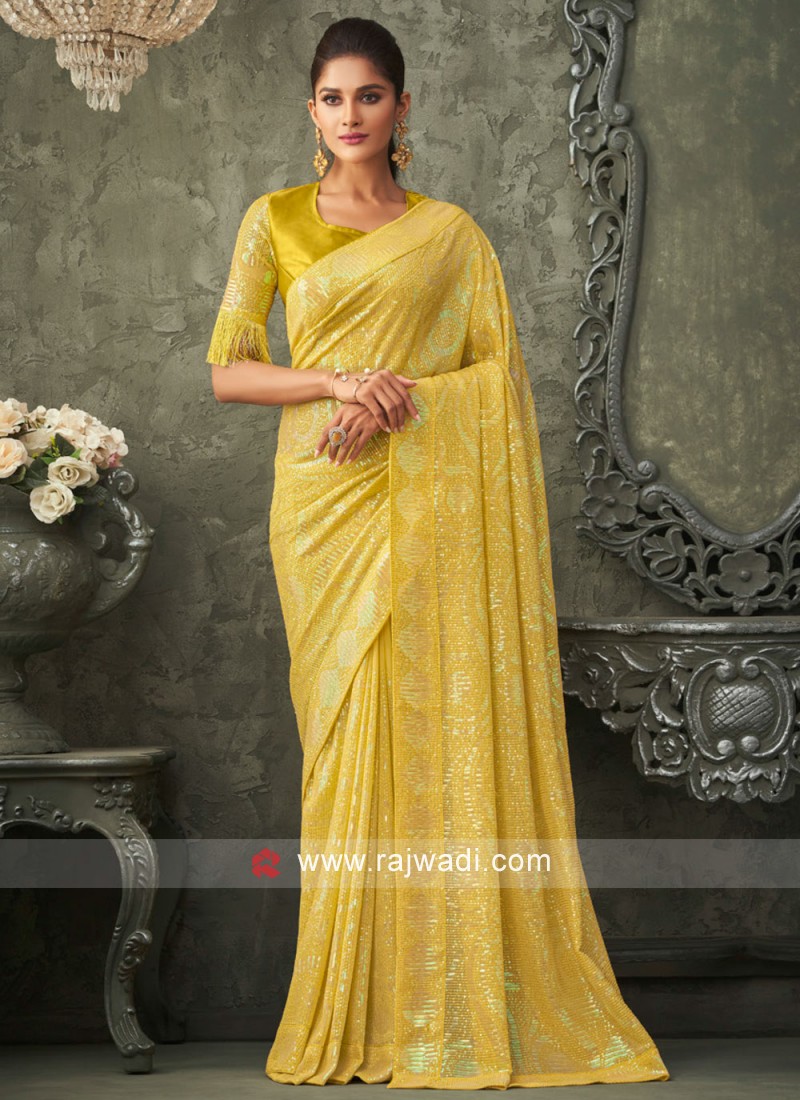 Yellow Georgette Sequins Traditional Saree