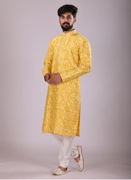 Yellow Kurta Set In Art Silk For Men