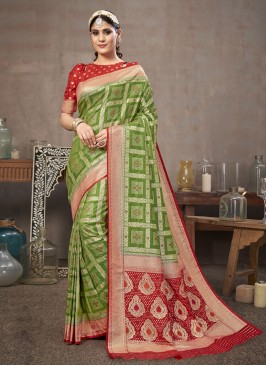 Zari Weaving Saree In Mehndi Green Color