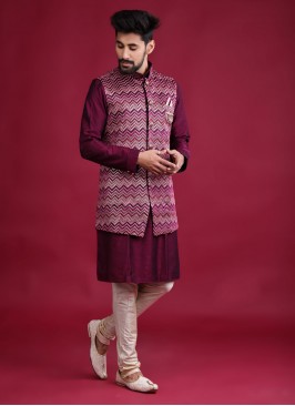Zig Zag Style Thread Work Nehru Jacket Suit