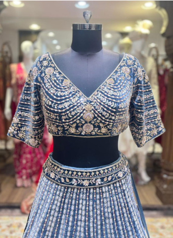 Blue Color Embroidered Micro Velvet Fabric Lehenga Choli