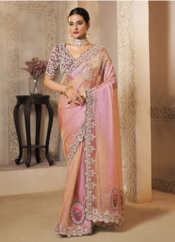 Baby Pink Organza Satin Fabric Saree