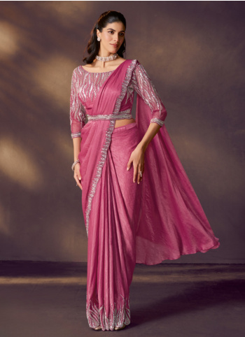 Mulberry Pink Ready-To-Wear Satin Silk Saree