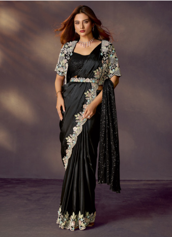 Black Satin Silk Ready To Wear Saree