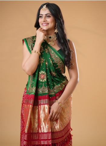 Green &amp; Red Pure Modal Gajji Silk Gharchola Saree