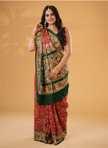 Green &amp; Red Bandhani Printed Modal Gajji Silk Gharchola