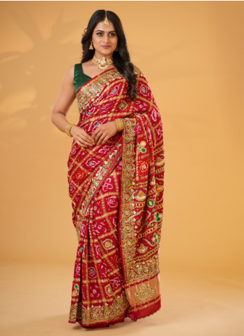 Red Bride Wear Pure Bandhani Gajji Silk Gharchola