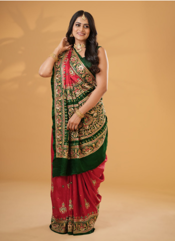 Red And Green Gharchola Saree For Bride Wear