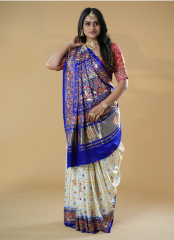 Off White And Blue Gajji Silk Gharchola Saree With Heavy Pallu