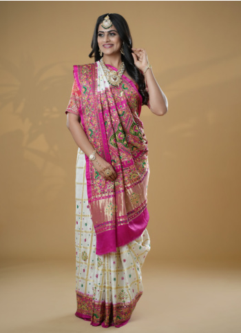 Off White And Pink Gajji Silk Gharchola Saree With Unstitched Blouse