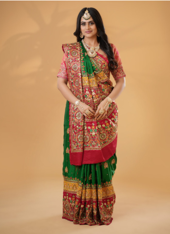 Maroon And Green Traditional Gharchola Saree