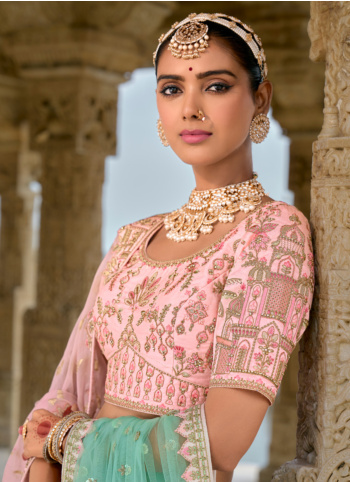 Glamorous Light Pink Embroidered Silk Lehenga Choli With Double Dupatta