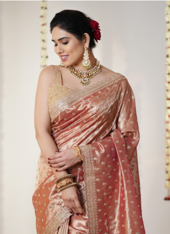 Elegant Dusty Rose Pink Embroidered Tissue Fabric Saree