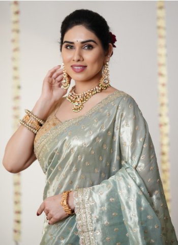 Light Sea Green Tissue Fabric Wedding Wear Saree