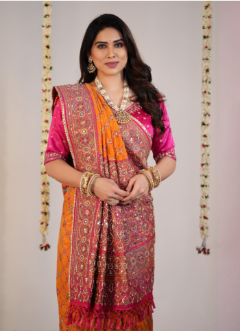 Orange Wedding Wear Banarasi Silk Saree