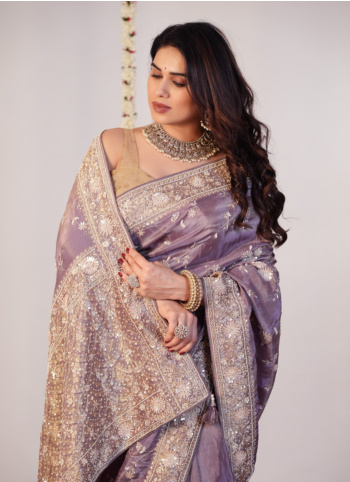 Lavender Wedding Wear Saree In Banarasi Tissue