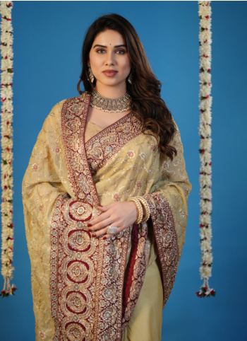 Golden Embroidered Shimmer Chiffon Wedding Saree
