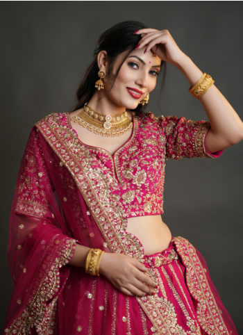 Deep Pink Zardosi Embroidered Raw Silk Bridal Lehenga Set