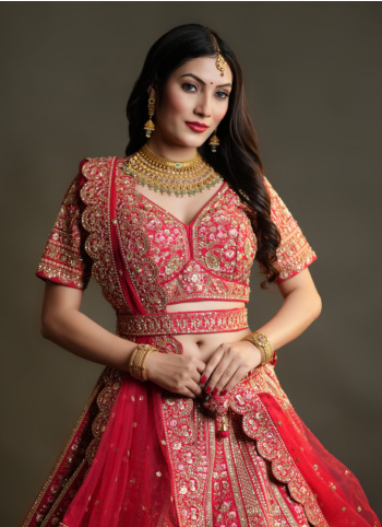 Red Embroidered Bridal Lehenga Choli With Dupatta And Belt