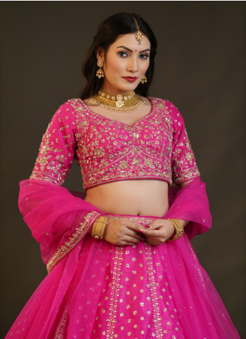 Vibrant Hot Pink Raw Silk Bridal Lehenga Choli With Net Dupatta